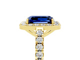 Yellow gold Emerald Cut Halo Diamond Ring with Pavé Band and Three-Prong Setting_5