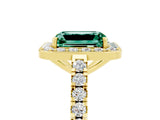 Yellow gold Emerald Cut Halo Diamond Ring with Pavé Band and Three-Prong Setting_5