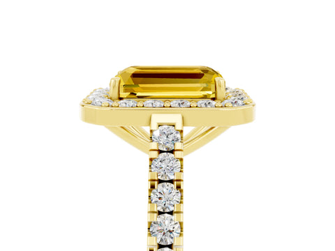 Yellow gold Emerald Cut Halo Diamond Ring with Pavé Band and Three-Prong Setting_5