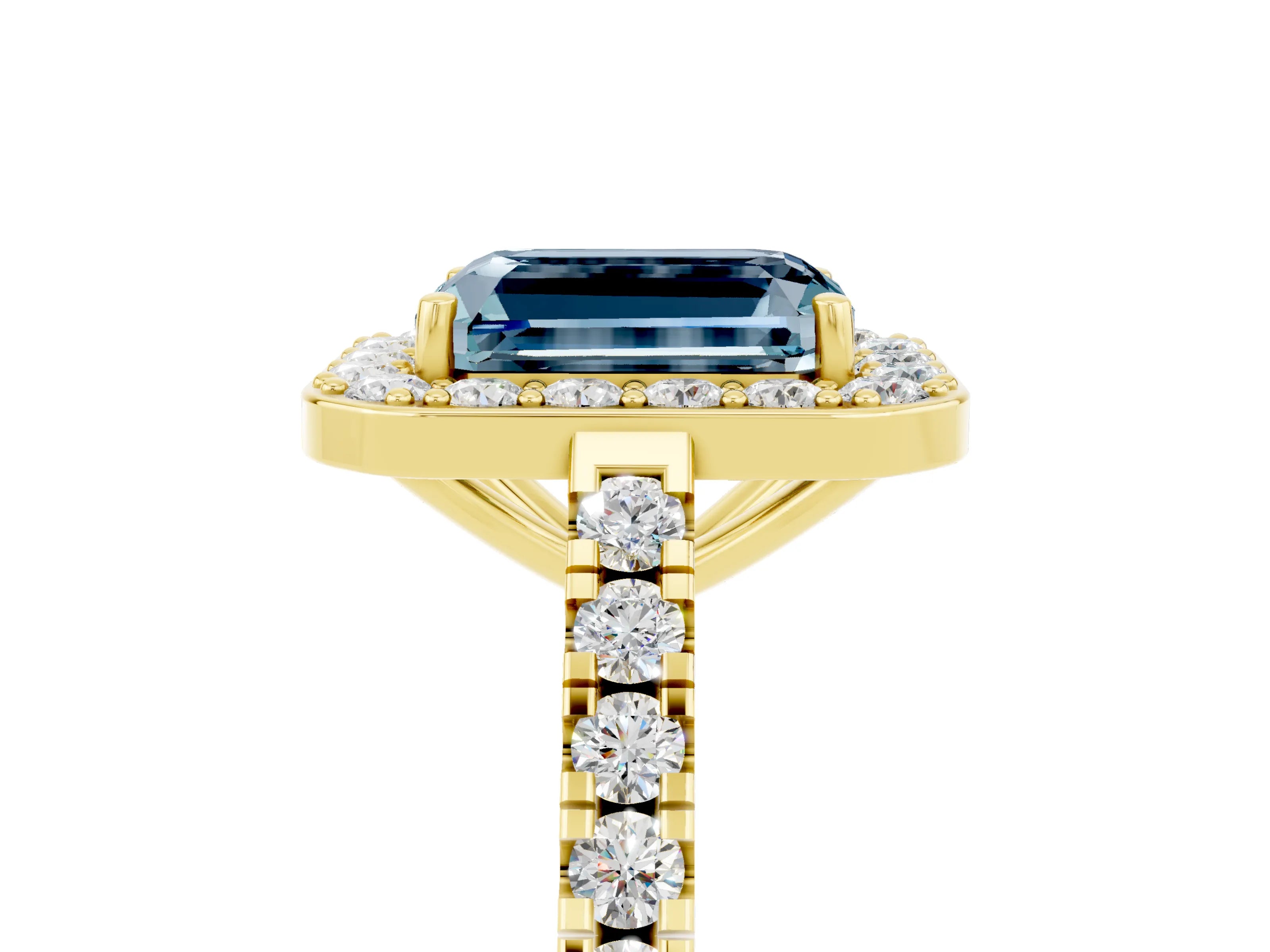 Yellow gold Emerald Cut Halo Diamond Ring with Pavé Band and Three-Prong Setting_5