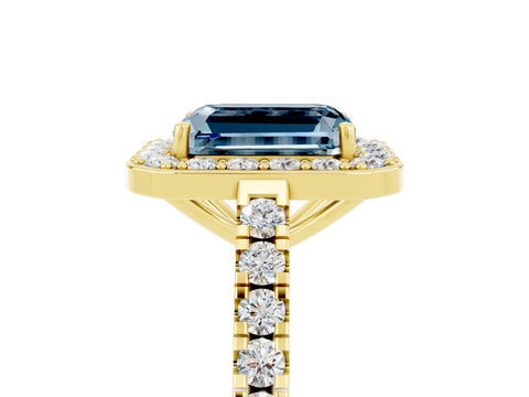 Yellow gold Emerald Cut Halo Diamond Ring with Pavé Band and Three-Prong Setting_5