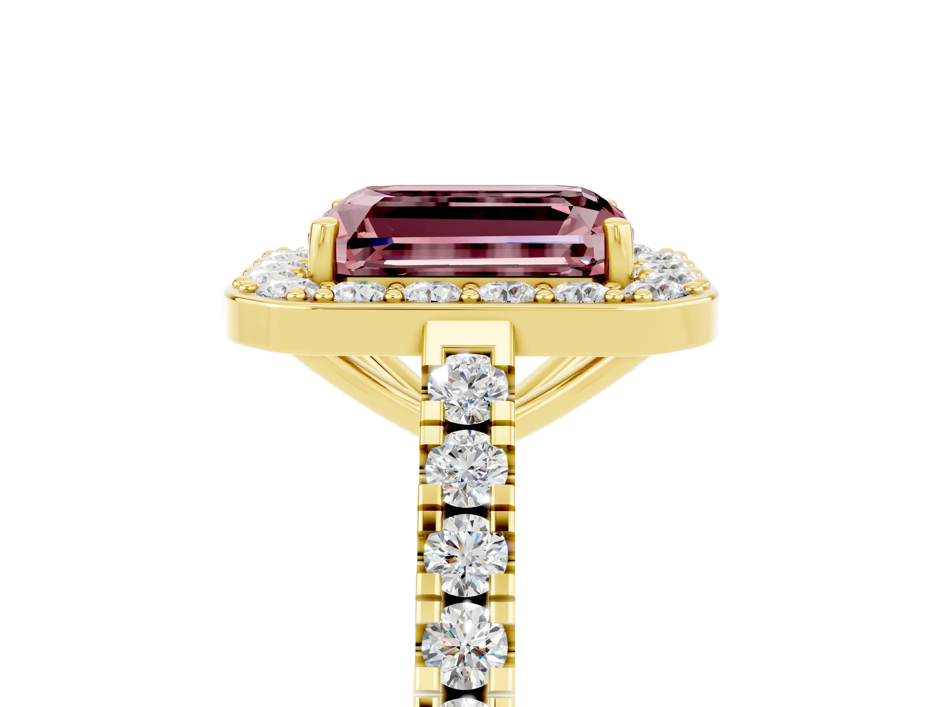 Yellow gold Emerald Cut Halo Diamond Ring with Pavé Band and Three-Prong Setting_5