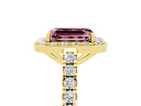 Yellow gold Emerald Cut Halo Diamond Ring with Pavé Band and Three-Prong Setting_5