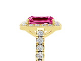 Yellow gold Emerald Cut Halo Diamond Ring with Pavé Band and Three-Prong Setting_5