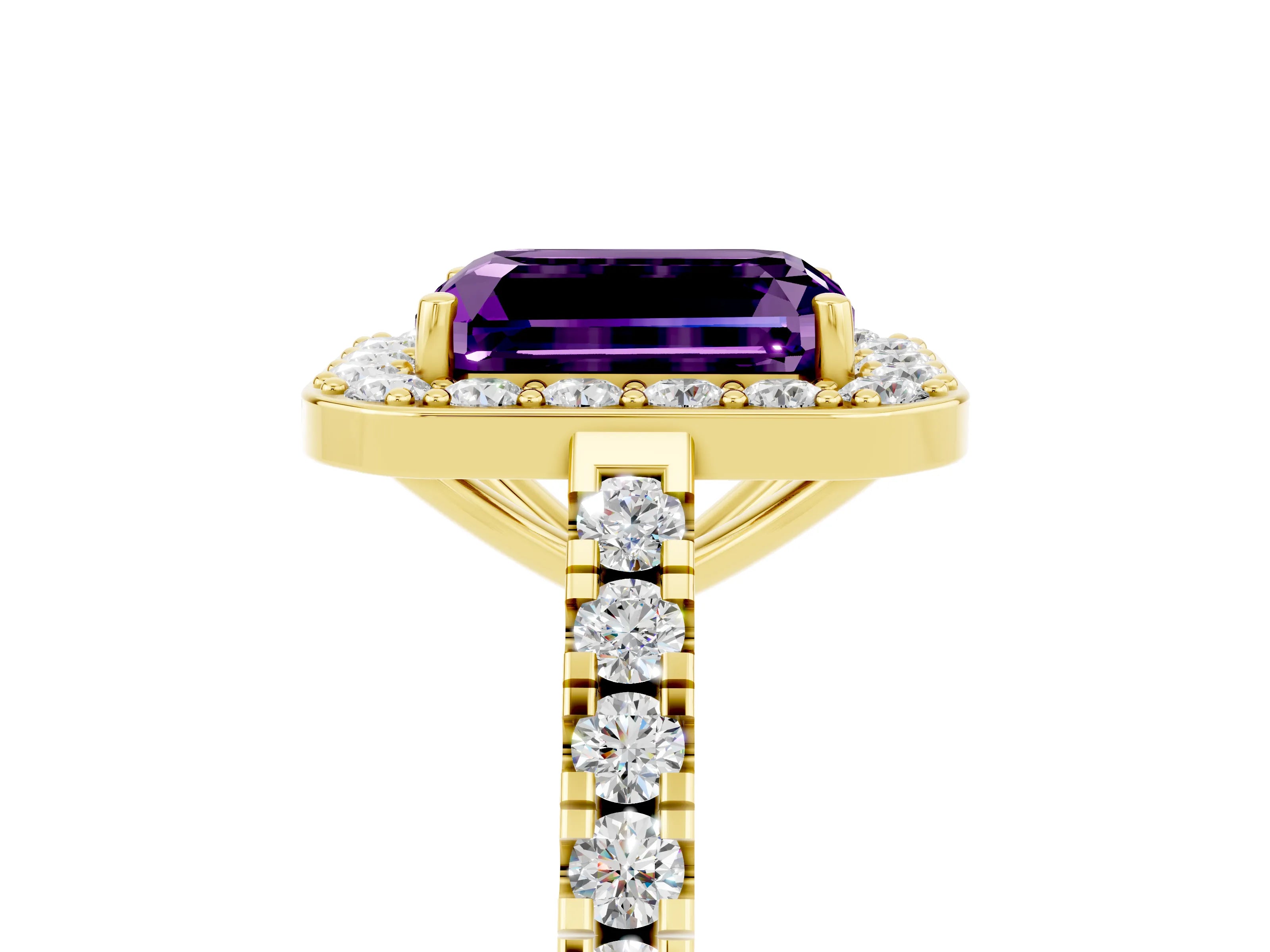 Yellow gold Emerald Cut Halo Diamond Ring with Pavé Band and Three-Prong Setting_5