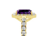 Yellow gold Emerald Cut Halo Diamond Ring with Pavé Band and Three-Prong Setting_5