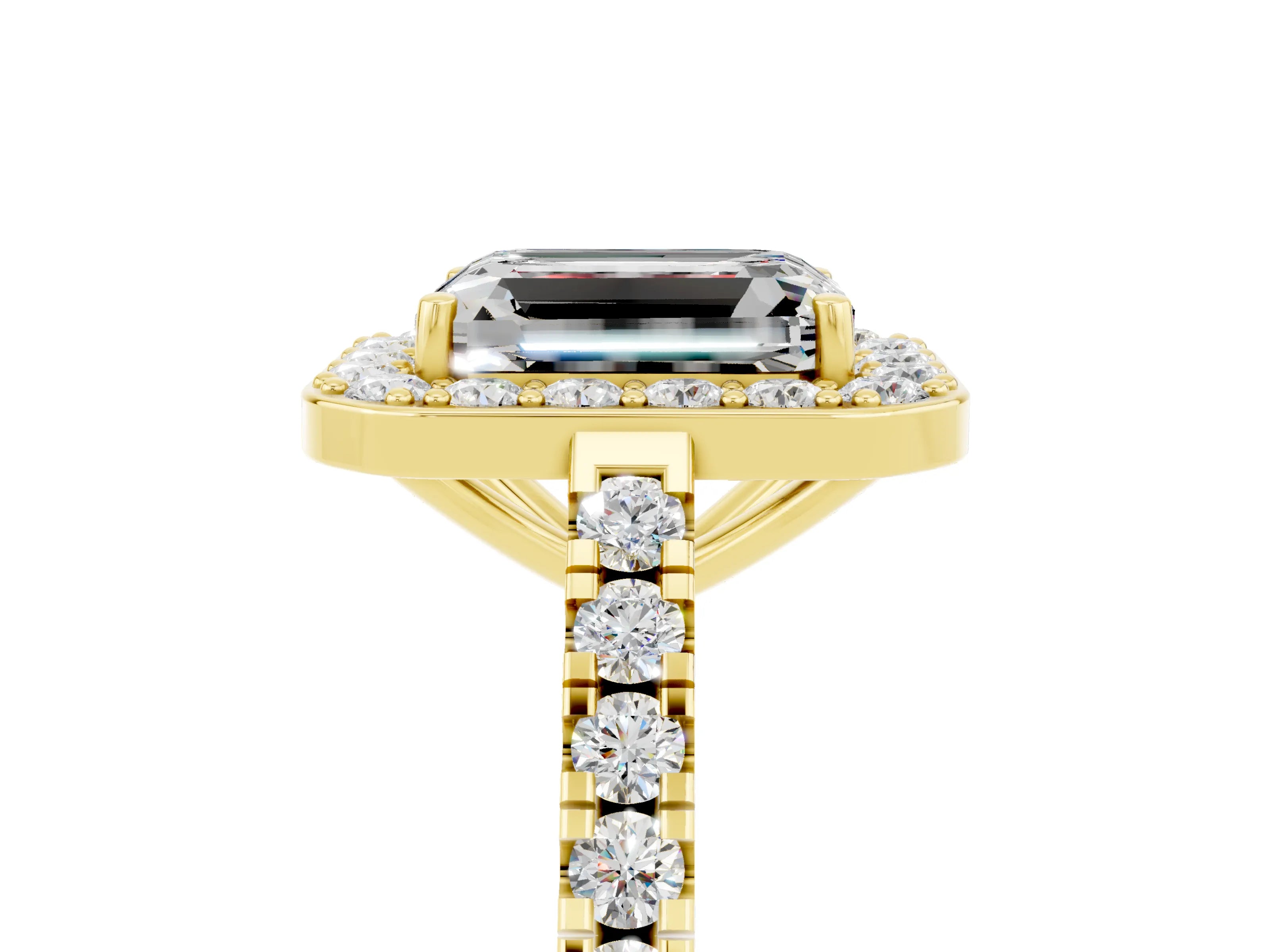 Yellow gold Emerald Cut Halo Diamond Ring with Pavé Band and Three-Prong Setting_5