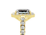 Yellow gold Emerald Cut Halo Diamond Ring with Pavé Band and Three-Prong Setting_5
