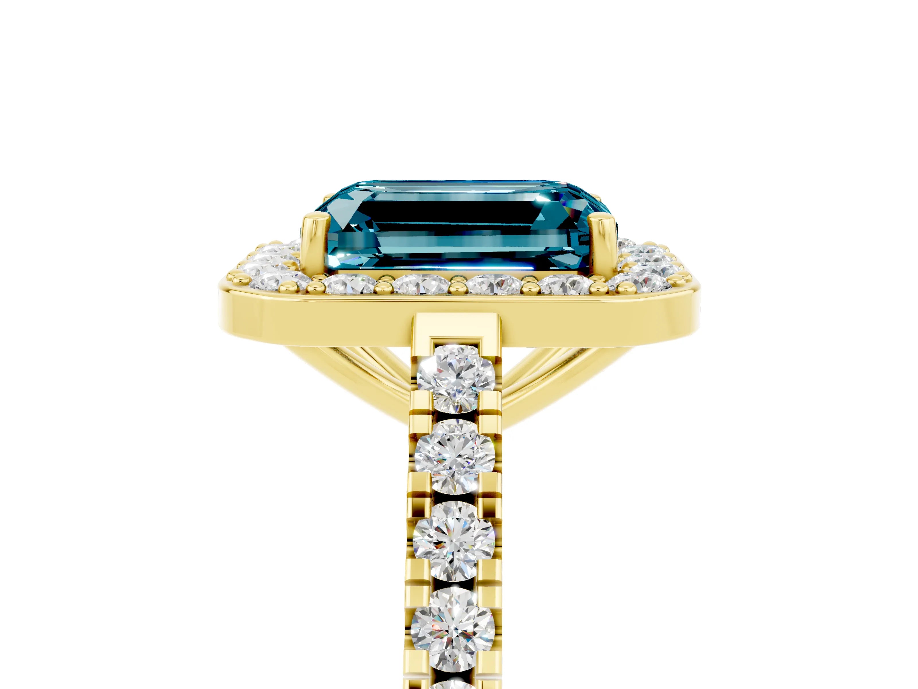 Yellow gold Emerald Cut Halo Diamond Ring with Pavé Band and Three-Prong Setting_5