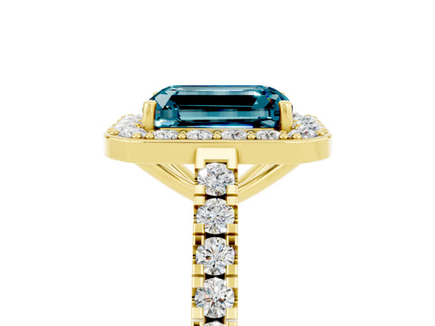 Yellow gold Emerald Cut Halo Diamond Ring with Pavé Band and Three-Prong Setting_5