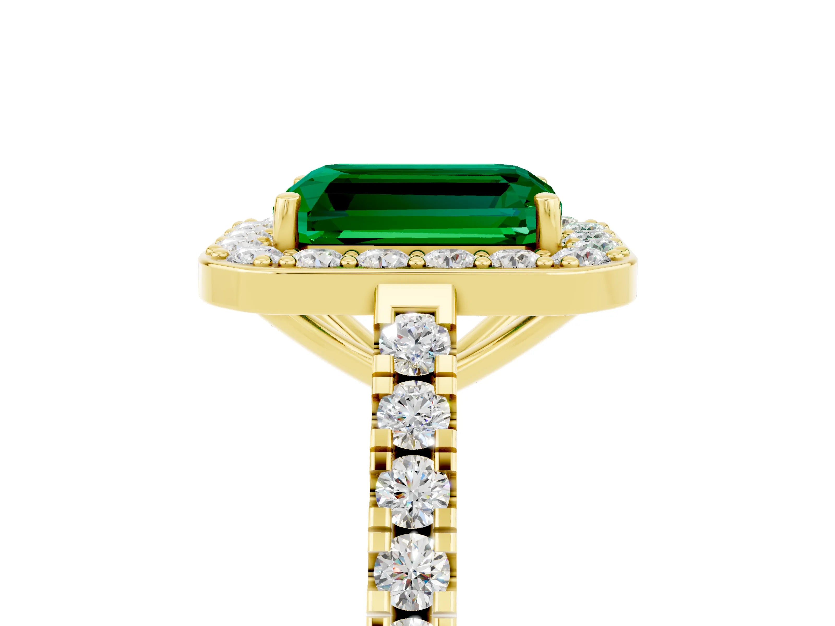 Yellow gold Emerald Cut Halo Diamond Ring with Pavé Band and Three-Prong Setting_5