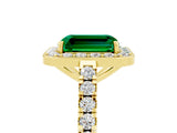 Yellow gold Emerald Cut Halo Diamond Ring with Pavé Band and Three-Prong Setting_5