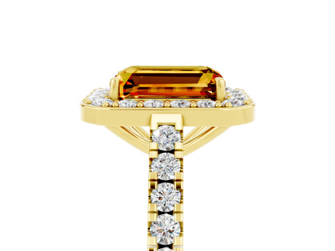 Yellow gold Emerald Cut Halo Diamond Ring with Pavé Band and Three-Prong Setting_5