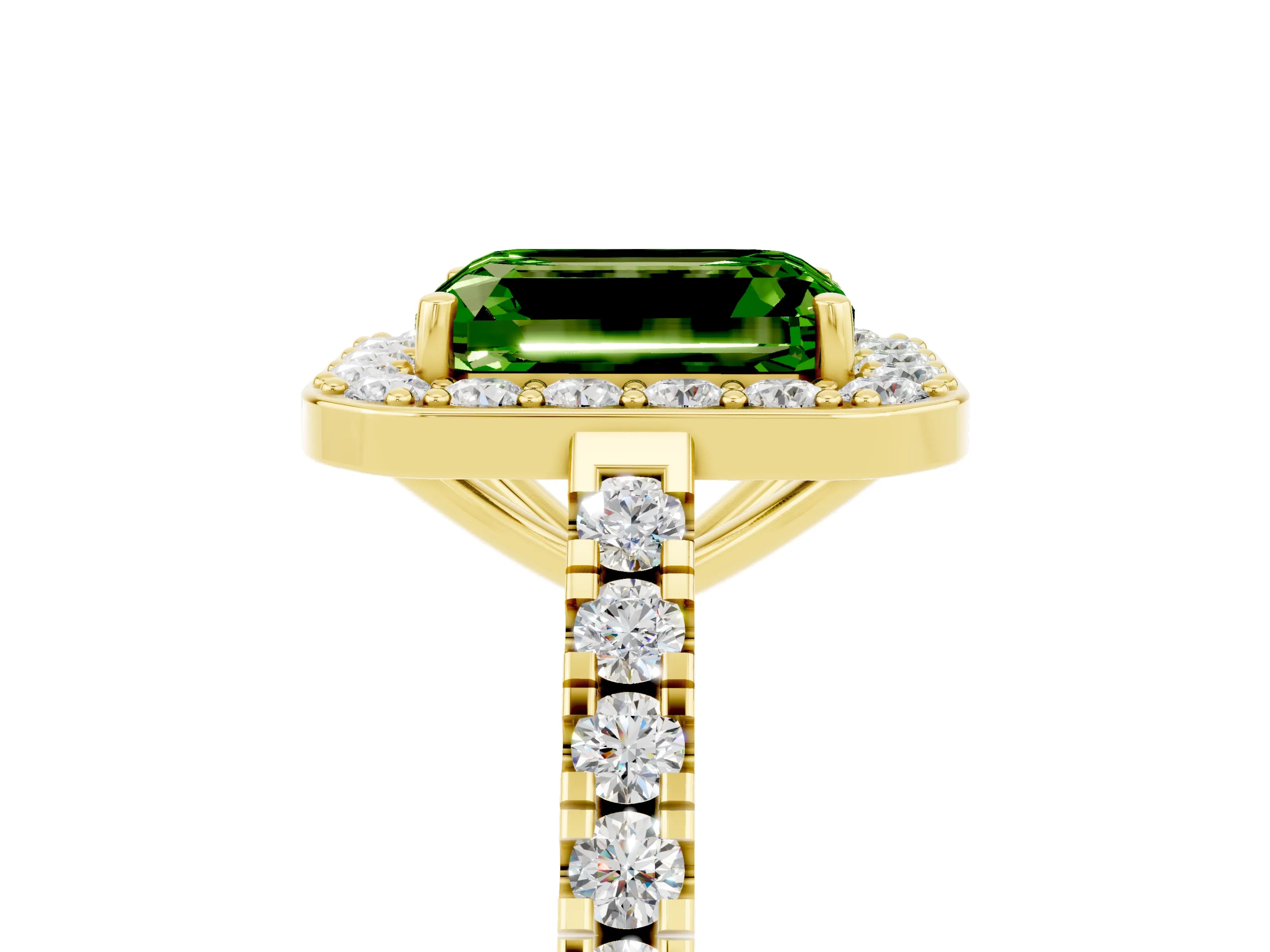 Yellow gold Emerald Cut Halo Diamond Ring with Pavé Band and Three-Prong Setting_5