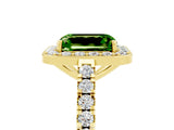 Yellow gold Emerald Cut Halo Diamond Ring with Pavé Band and Three-Prong Setting_5