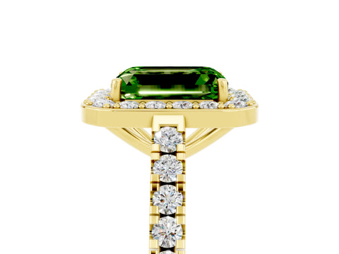 Yellow gold Emerald Cut Halo Diamond Ring with Pavé Band and Three-Prong Setting_5