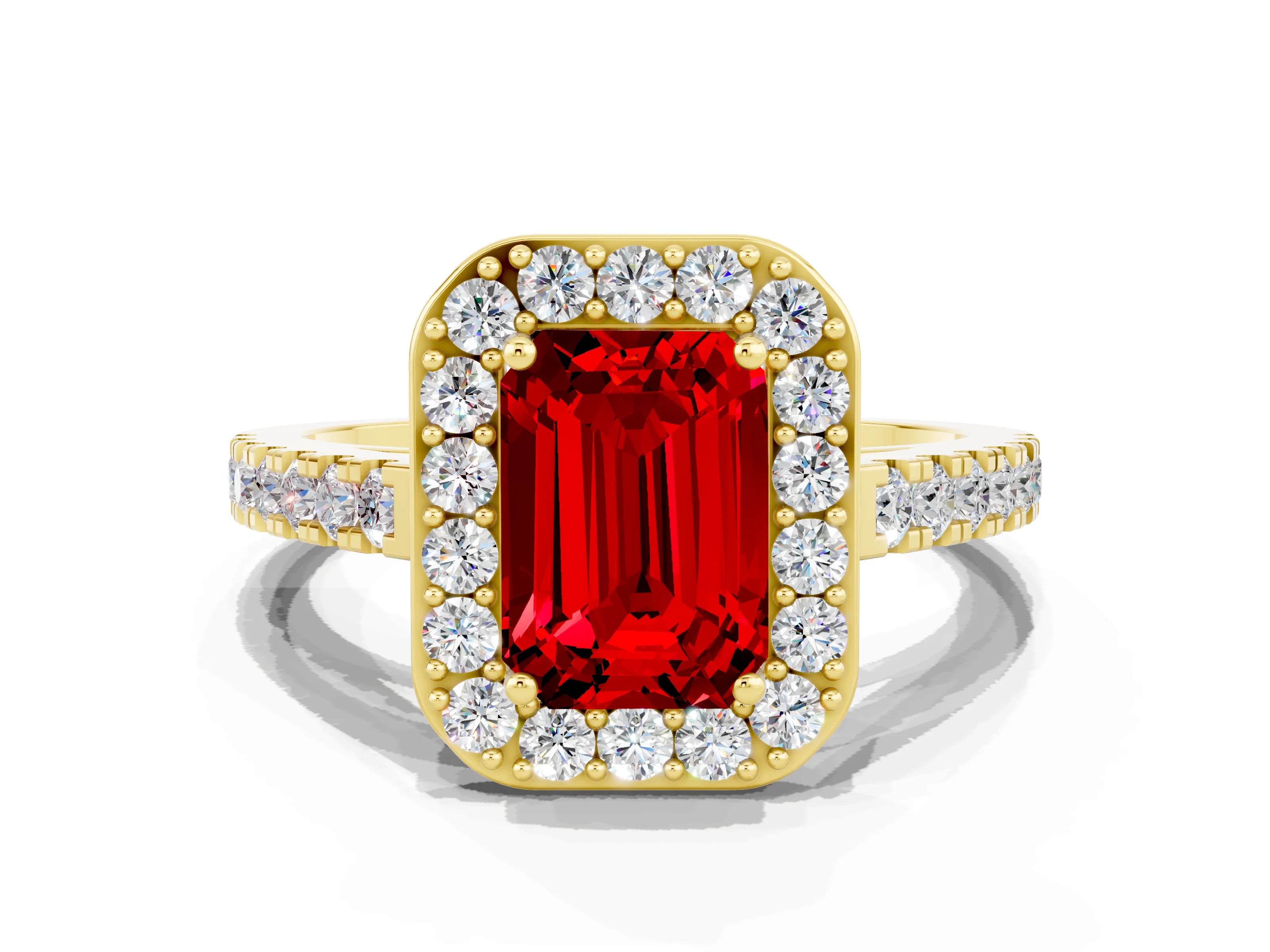 Yellow gold Emerald Cut Halo Diamond Ring with Pavé Band and Three-Prong Setting