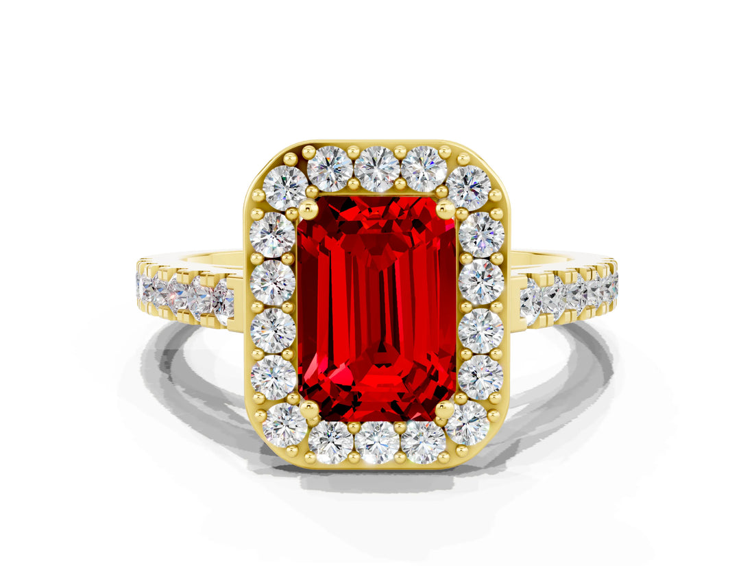 Yellow gold Emerald Cut Halo Diamond Ring with Pavé Band and Three-Prong Setting