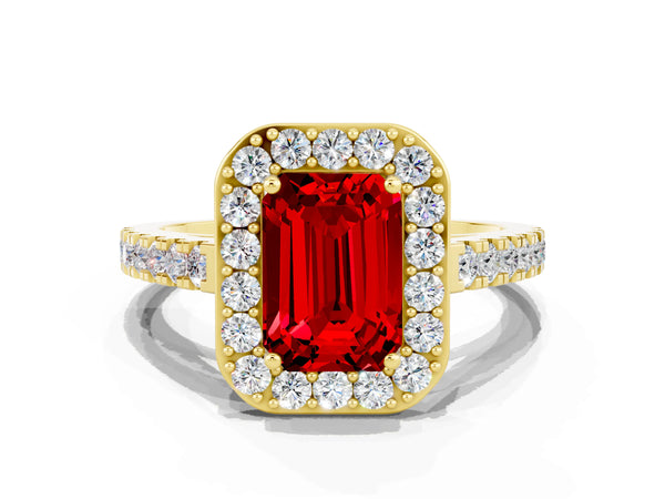 Yellow gold Emerald Cut Ruby Halo Ring with Round Pavé Split Shank and Prong Setting