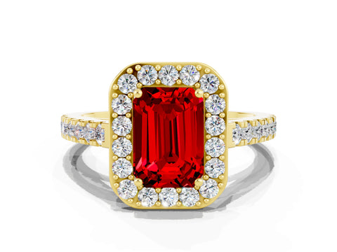 Yellow gold Emerald Cut Halo Diamond Ring with Pavé Band and Three-Prong Setting
