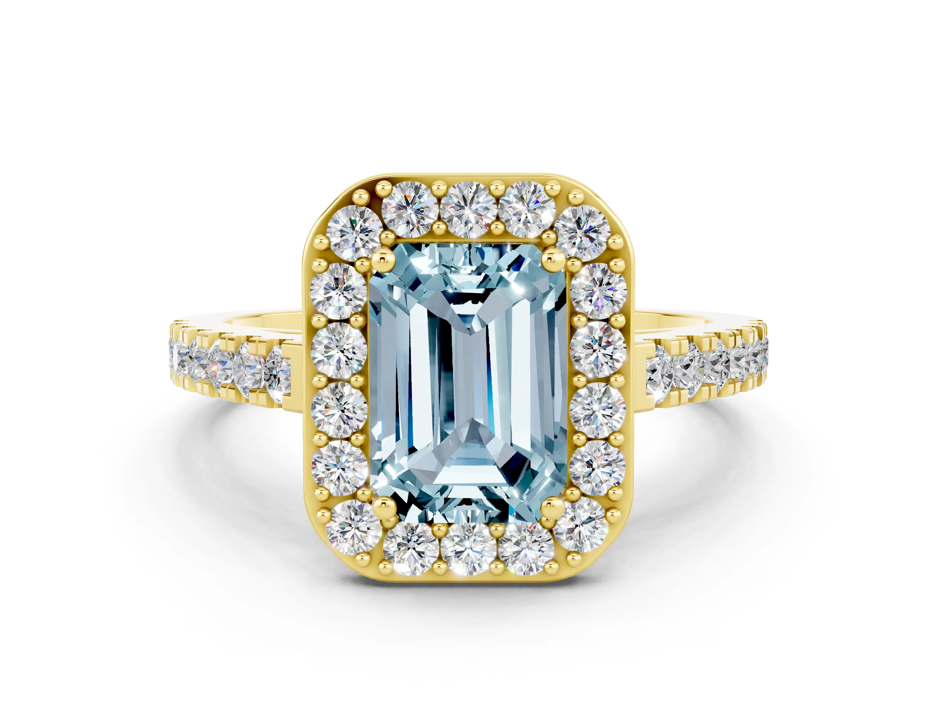 Yellow gold Emerald Cut Halo Diamond Ring with Pavé Band and Three-Prong Setting