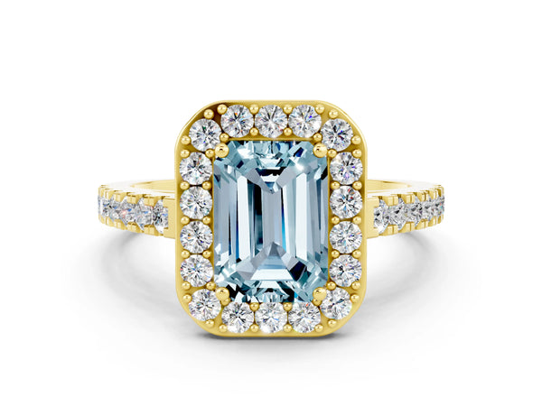 Yellow gold Emerald Cut Aquamarine Halo Ring with Round Pavé Split Shank and Prong Setting
