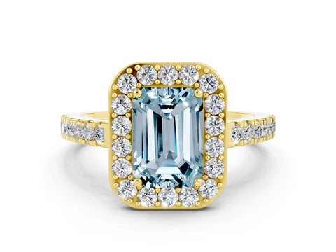 Yellow gold Emerald Cut Halo Diamond Ring with Pavé Band and Three-Prong Setting