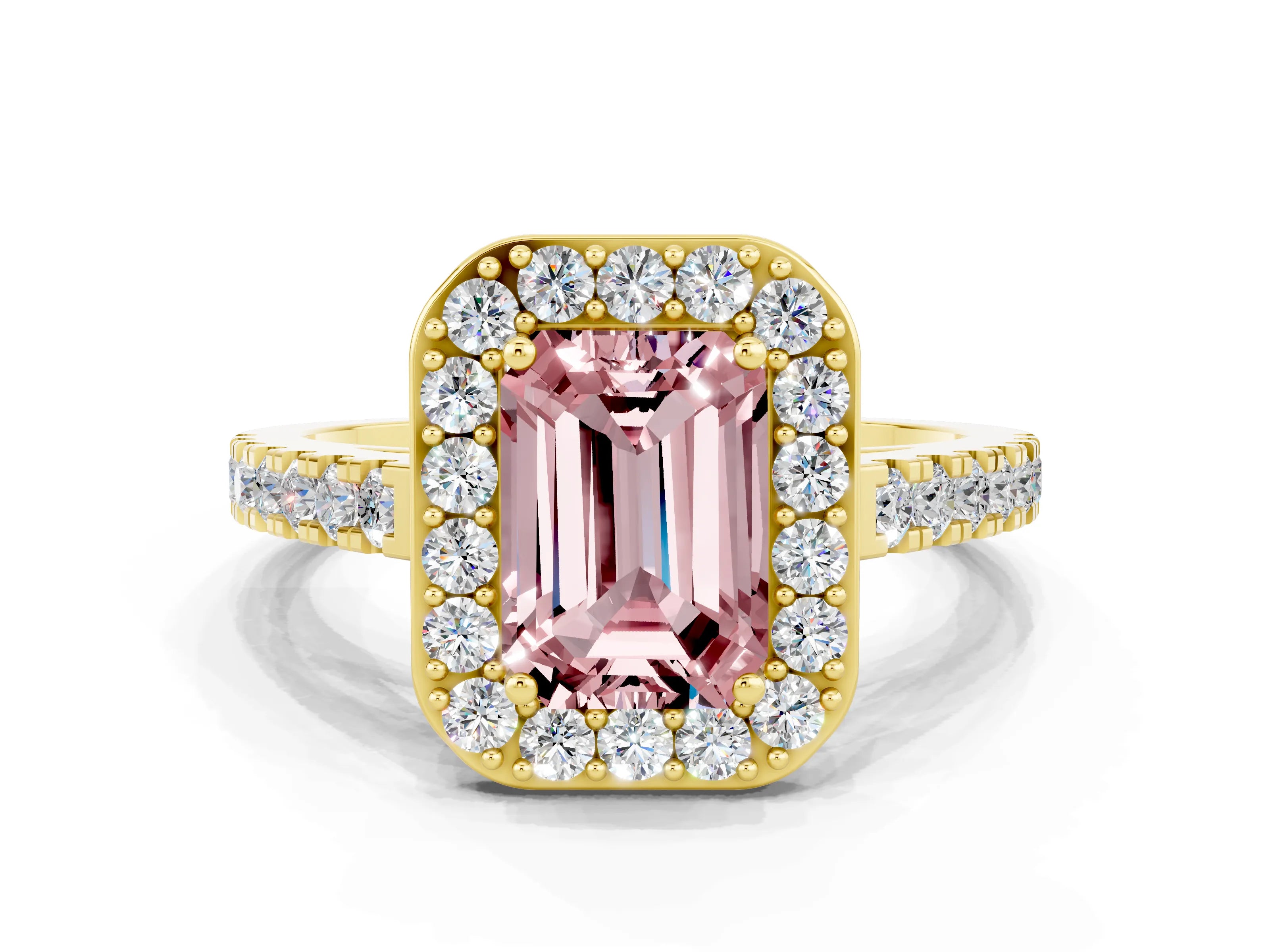 Yellow gold Emerald Cut Halo Diamond Ring with Pavé Band and Three-Prong Setting