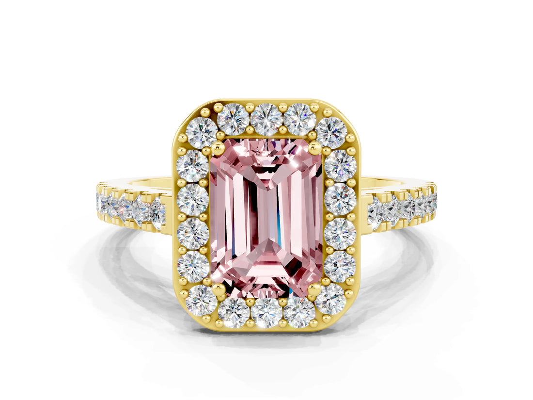 Yellow gold Emerald Cut Halo Diamond Ring with Pavé Band and Three-Prong Setting