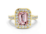 Yellow gold Emerald Cut Halo Diamond Ring with Pavé Band and Three-Prong Setting