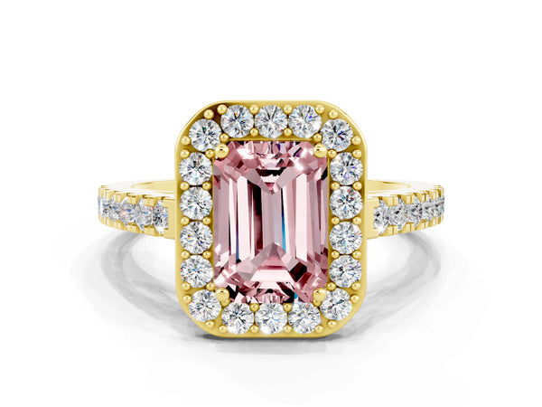 Yellow gold Emerald Cut Halo Diamond Ring with Pavé Band and Three-Prong Setting