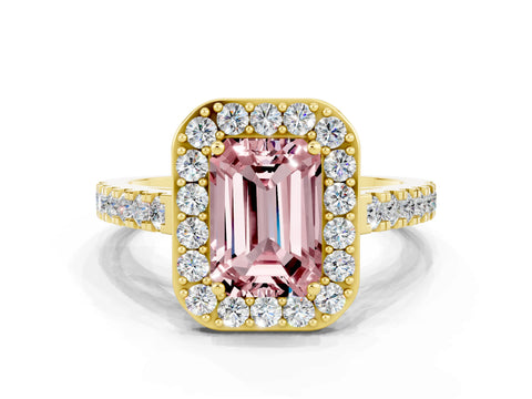Yellow gold Emerald Cut Halo Diamond Ring with Pavé Band and Three-Prong Setting