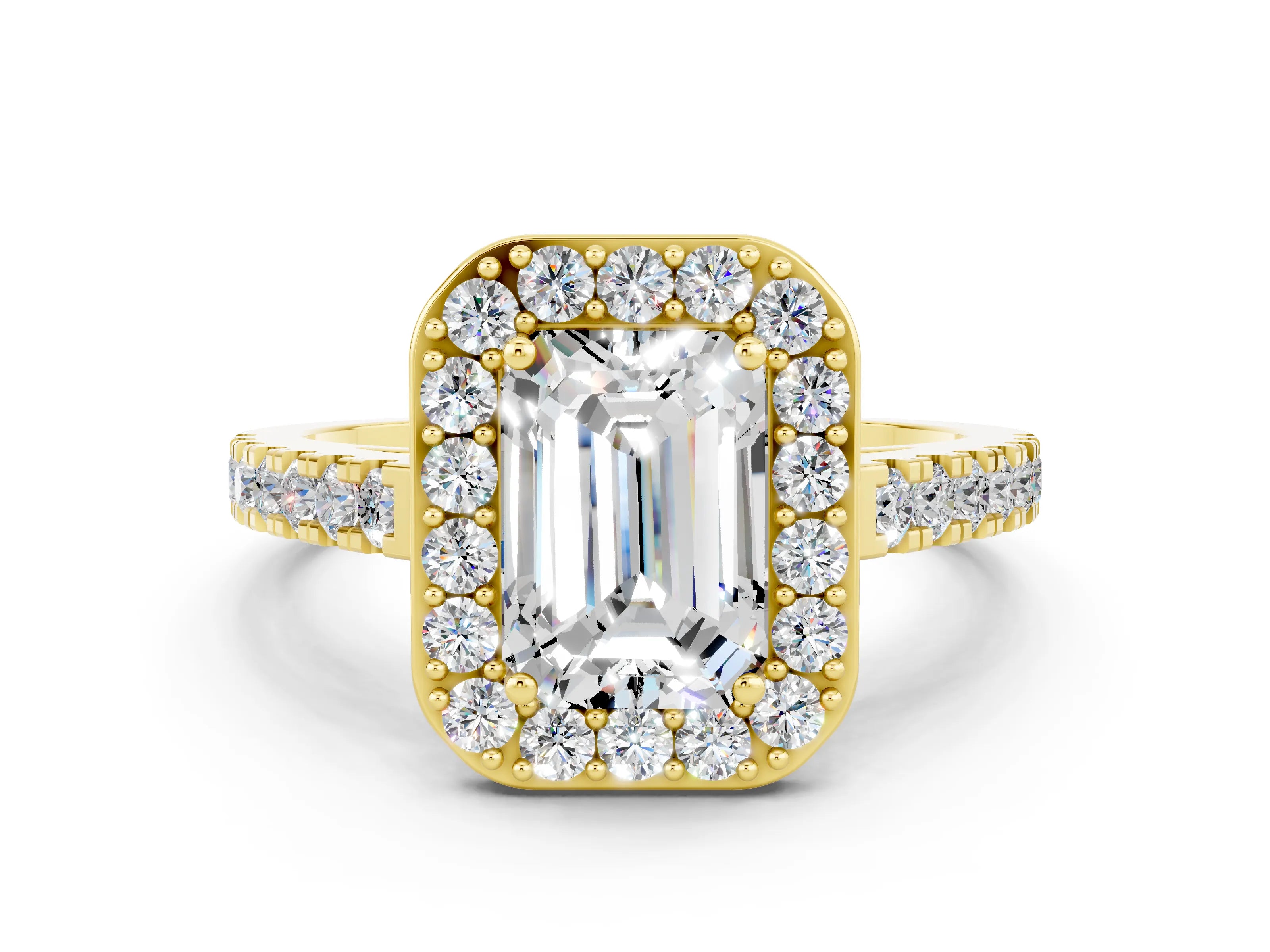 Yellow gold Emerald Cut Halo Diamond Ring with Pavé Band and Three-Prong Setting
