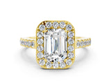 Yellow gold Emerald Cut Halo Diamond Ring with Pavé Band and Three-Prong Setting