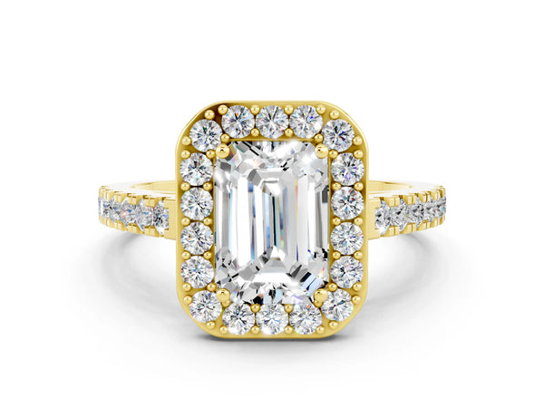 Yellow gold Emerald Cut Moissanite Halo Ring with Round Pavé Split Shank and Prong Setting