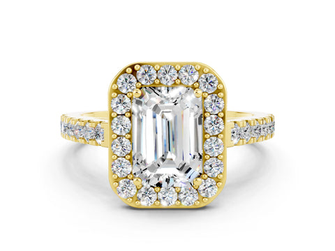 Yellow gold Emerald Cut Halo Diamond Ring with Pavé Band and Three-Prong Setting