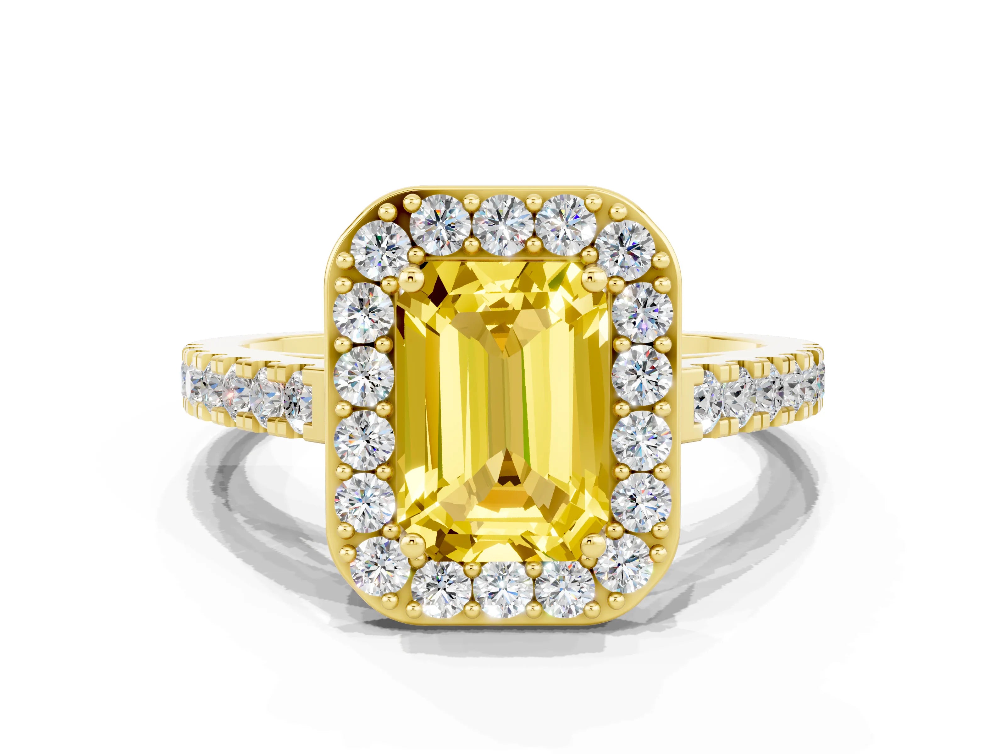 Yellow gold Emerald Cut Halo Diamond Ring with Pavé Band and Three-Prong Setting