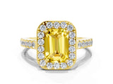 Yellow gold Emerald Cut Halo Diamond Ring with Pavé Band and Three-Prong Setting