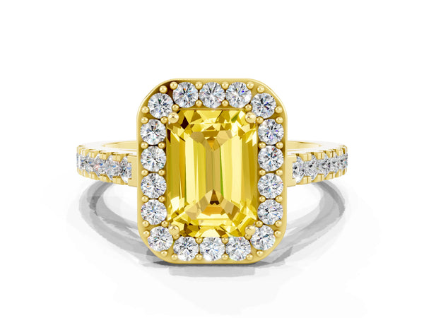 Yellow gold Emerald Cut Yellow Sapphire Halo Ring with Round Pavé Split Shank and Prong Setting