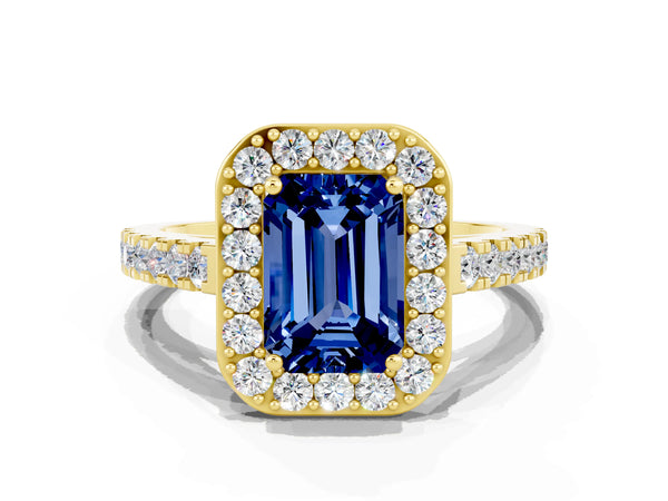 Yellow gold Emerald Cut Blue Sapphire Halo Ring with Round Pavé Split Shank and Prong Setting