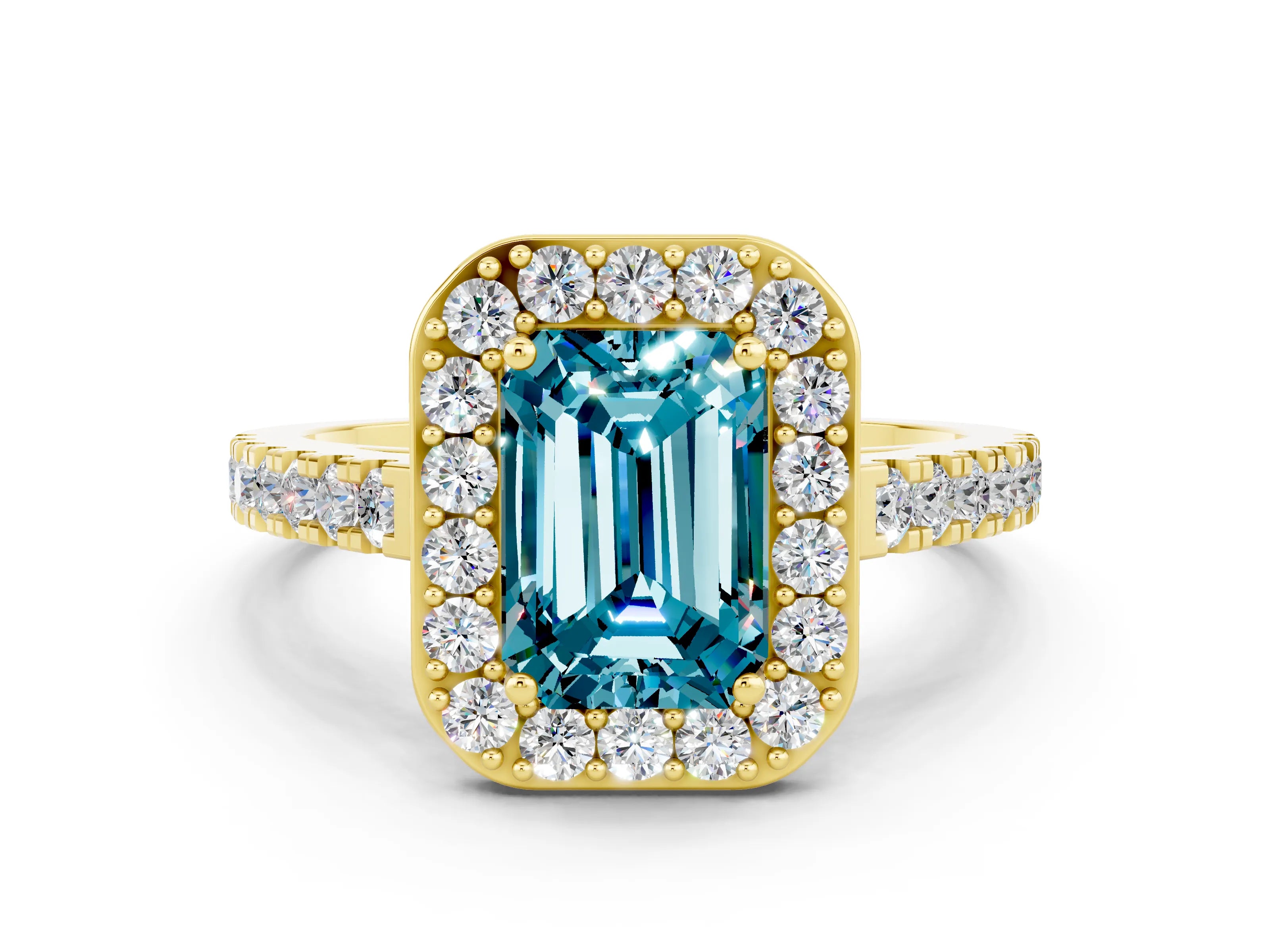 Yellow gold Emerald Cut Halo Diamond Ring with Pavé Band and Three-Prong Setting