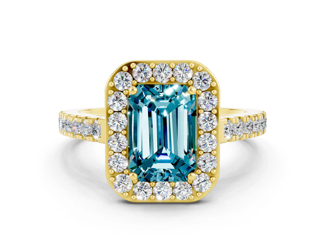 Yellow gold Emerald Cut Halo Diamond Ring with Pavé Band and Three-Prong Setting