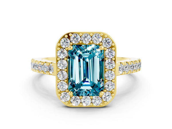 Yellow gold Emerald Cut Halo Diamond Ring with Pavé Band and Three-Prong Setting