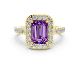 Yellow gold Emerald Cut Halo Diamond Ring with Pavé Band and Three-Prong Setting