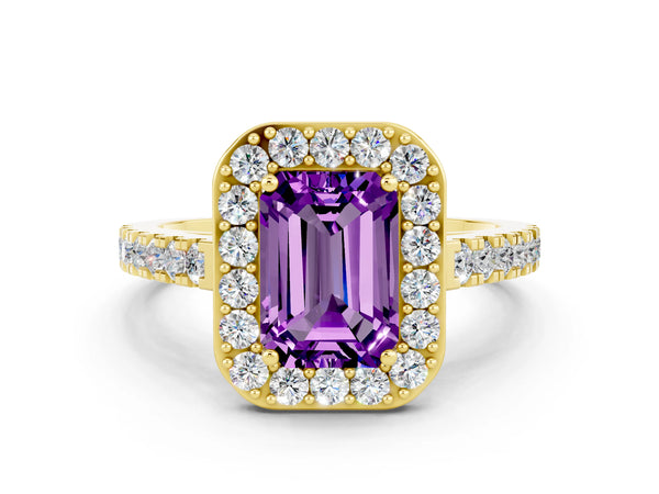 Yellow gold Emerald Cut Amethyst Halo Ring with Round Pavé Split Shank and Prong Setting
