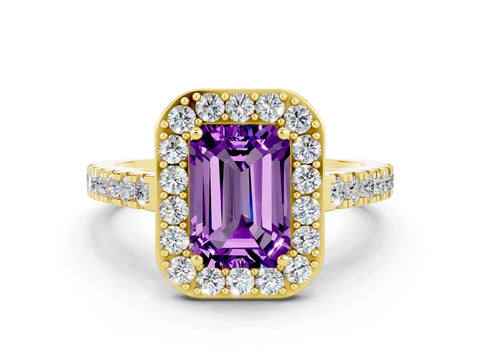 Yellow gold Emerald Cut Halo Diamond Ring with Pavé Band and Three-Prong Setting