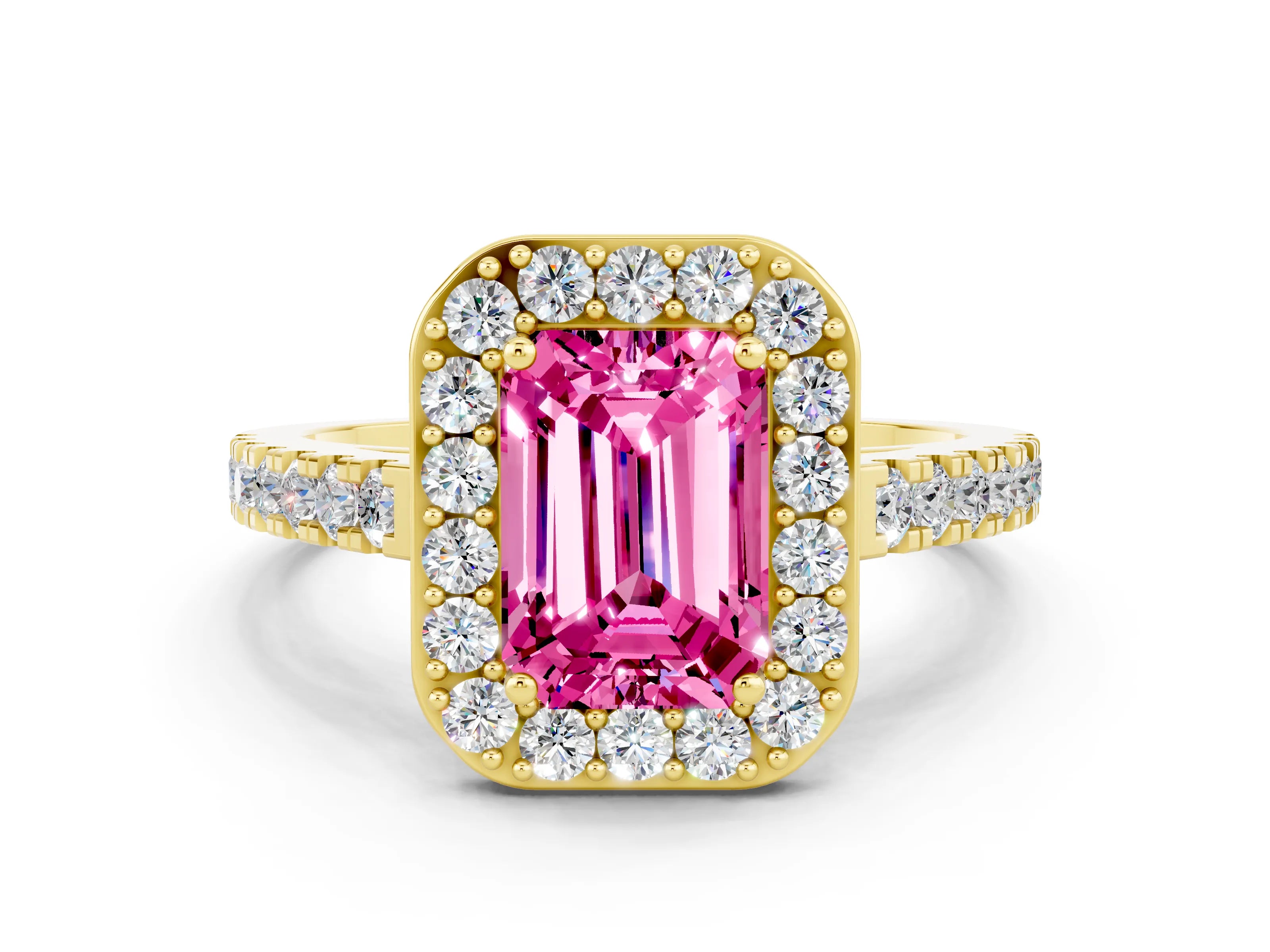 Yellow gold Emerald Cut Halo Diamond Ring with Pavé Band and Three-Prong Setting