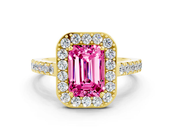 Yellow gold Emerald Cut Pink Sapphire Halo Ring with Round Pavé Split Shank and Prong Setting