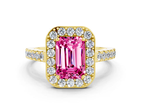 Yellow gold Emerald Cut Halo Diamond Ring with Pavé Band and Three-Prong Setting