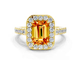 Yellow gold Emerald Cut Halo Diamond Ring with Pavé Band and Three-Prong Setting